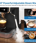 Real Deal Espresso And Americano Machine With Snappy Touchscreen Controls showing 360° adjustable steam wand creating frothy coffee.