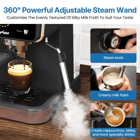 Real Deal Espresso And Americano Machine With Snappy Touchscreen Controls showing 360° adjustable steam wand creating frothy coffee.
