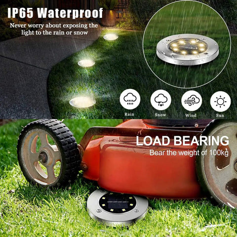 Outdoor Solar Ground Lights 12 Pack Waterproof Landscape Pathway Lighting for Yard Garden Lawn Patio Walkways Bright 8 LED Disk Lights in lawn with mower illustration.