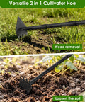 Two In One Weed Puller And Garden Hoe With A 60 Inch Long Handle Heavy Duty Stainless Steel Triangle Hoe in use on grass and soil