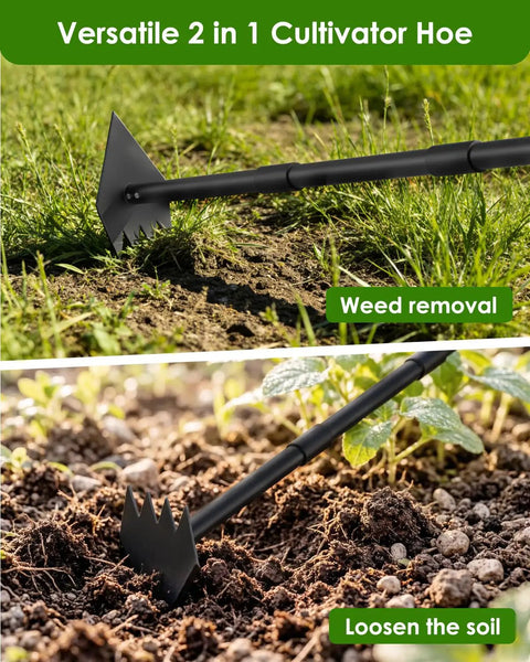Two In One Weed Puller And Garden Hoe With A 60 Inch Long Handle Heavy Duty Stainless Steel Triangle Hoe in use on grass and soil