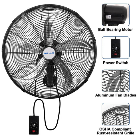 20 Inch Oscillating Wall Mount Fan With Wired Remote, 3 Speed High Velocity Industrial Fan with aluminum blades for garages and workshops