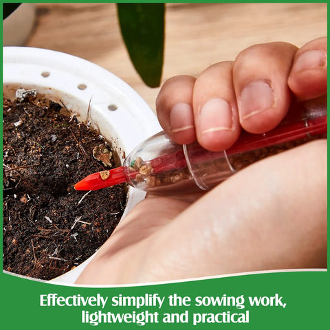 Hand using Six Piece Mini Seed Sowing Dispenser Kit With Two Transplanting Tools Hand Spreader Garden Seed Planter on pot soil