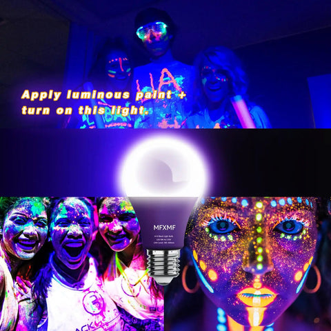 2 Pack A19 LED Black Light Bulbs 9W 100W Equivalent, E26 Base Dimmable Black Lights UVA 385 400Nm Halloween Glow, face paint