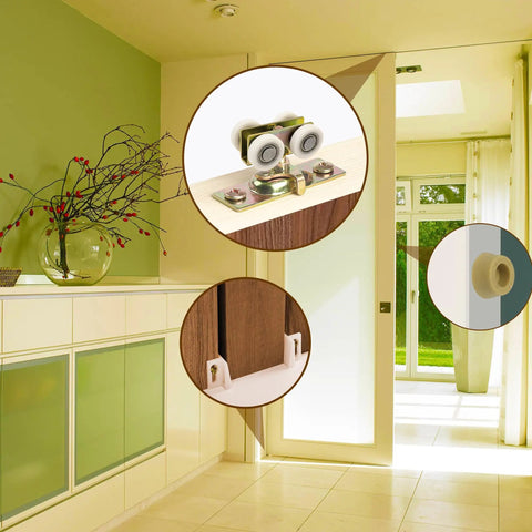 3/4 Inch RV Pocket Door Hangers With Quad Rollers For 111/118F Track 2 Pack in modern interior, close-up details