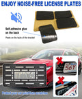 Front License Plate Holder Bracket Universal Plastic showcases adhesive pads and protection features on a car bumper.