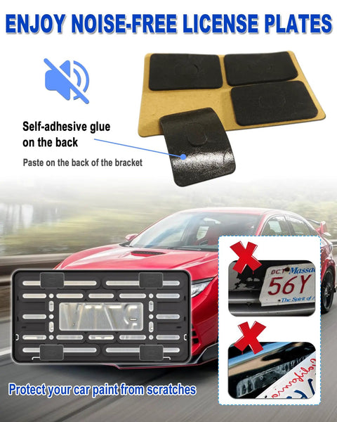 Front License Plate Holder Bracket Universal Plastic showcases adhesive pads and protection features on a car bumper.