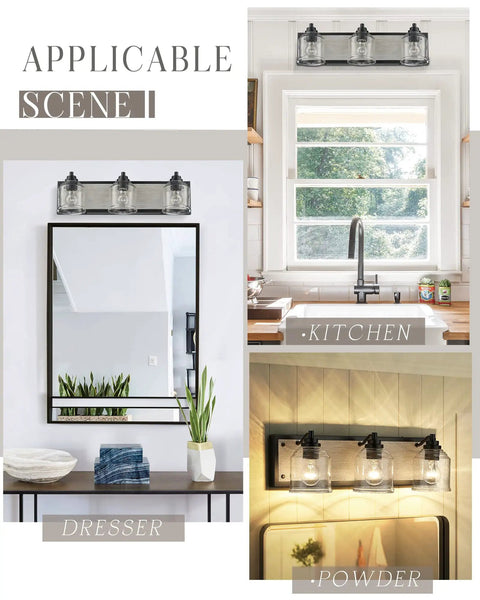 Three-Light Bathroom Vanity Light 23 Inch Large Fixture With Bubble Glass Shades over mirror, kitchen, and powder setups
