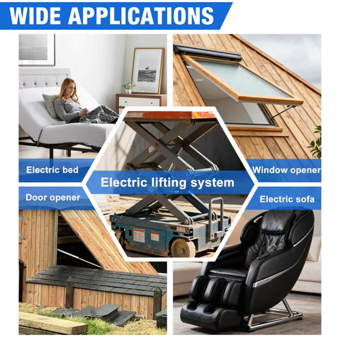 Image of heavy duty 4 inch stroke linear actuator applications: electric bed, window, door openers, lifting systems, and electric sofas.