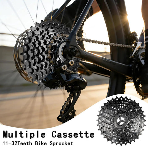 Close-up of 8 Speed Bicycle Cassette 11 32T For Mountain Road Folding And Commuter Bikes Durable Nickel Plated Steel on bike
