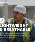 Man wearing cooling helmet liner on construction site, lightweight breathable layer for helmets and hard hats, UPF 50 protection.