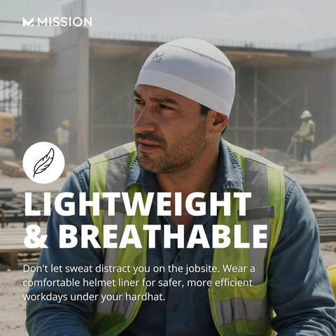 Man wearing cooling helmet liner on construction site, lightweight breathable layer for helmets and hard hats, UPF 50 protection.