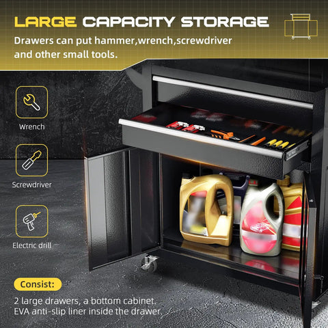 Open drawer with tools and bottom cabinet on Beefy Heavy Duty Eight Drawer Rolling Tool Chest With Lock Detachable Cabinet.
