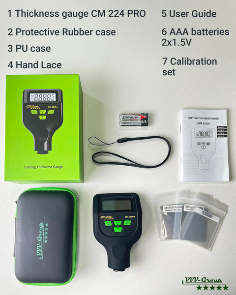 Automotive Paint Thickness Gauge For Car Panels, High Resolution Coating Meter From 0 To 59.1 Mils Or 1500 Micrometers, 0.01 Mil Resolution To 0.1 Micrometers, Fe NFe Zn Auto Detection, Auto Calibration, Ideal For Door Hood Roof And Body Panels; kit with case, batteries, guide