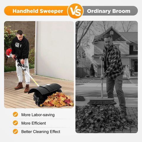 Gas Powered Handheld Lawn Sweeper With Backpack Broom, 2.3HP 52CC Engine, 20.47 Inch Nylon Brush, Lightweight Portable Yard Groomer For Driveways, Lawns, And Artificial Turf, Effortless Leaves And Debris Cleanup compared with ordinary broom on deck