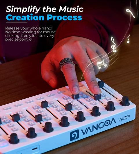 Person using Vangoa VMX8, a wireless MIDI controller mixer with 43 backlit buttons and 8 faders for PC and Mac.