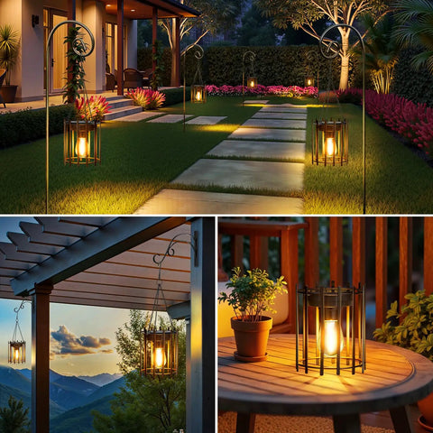 Bright Solar Lanterns Outdoor Waterproof Hangable Lights in garden and patio setting, warm LED glow, durable metal hanging design.