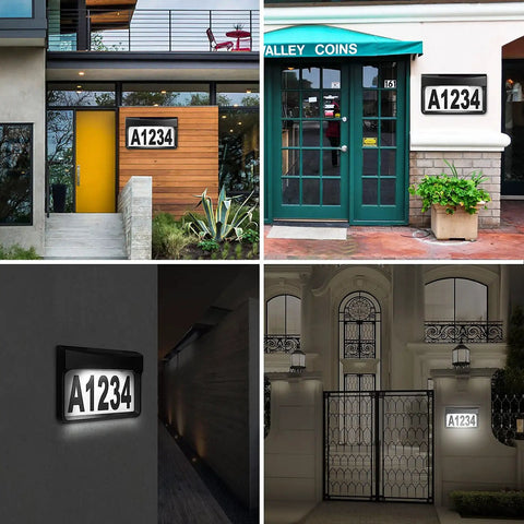 Solar Address Sign With Lighted House Numbers For Home Outdoor Waterproof Address Plaque on various building exteriors.