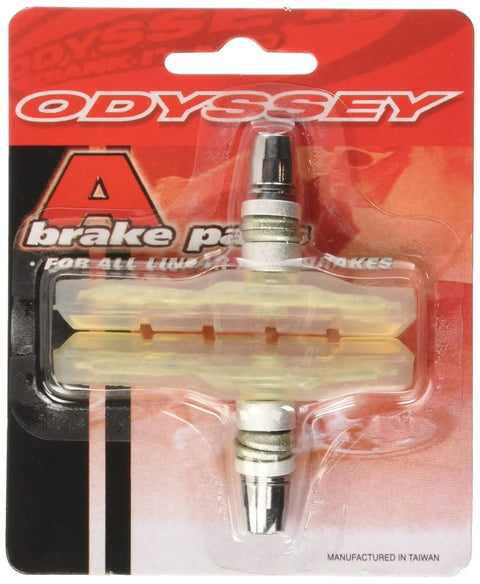 Clear Soft Compound A Brake Shoes For BMX And Mountain Bikes in packaging, pack of 2, front or rear mount, smooth quiet braking set.
