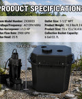 Rugged Under Sink Utility Pump System Offering Dead Simple Basement Drainage With Solid Cast Aluminum Basin And Zero Fuss Worry Free Performance Rated At 2900 GPH Flow Capacity specifications displayed by a lake.