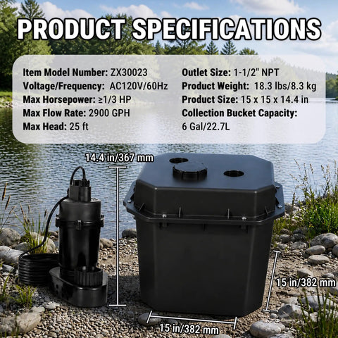 Rugged Under Sink Utility Pump System Offering Dead Simple Basement Drainage With Solid Cast Aluminum Basin And Zero Fuss Worry Free Performance Rated At 2900 GPH Flow Capacity specifications displayed by a lake.