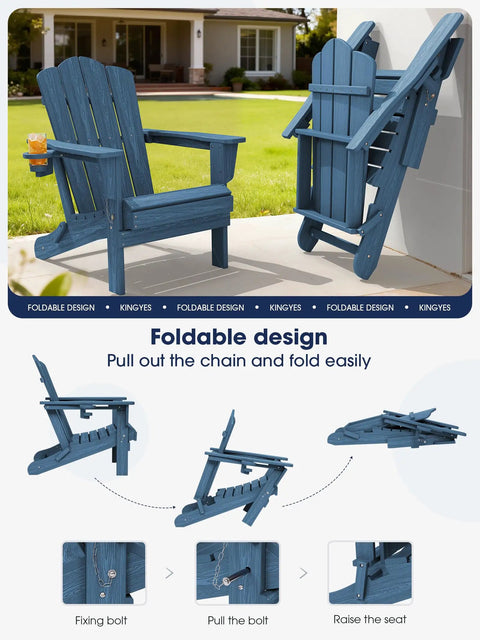 Folding Adirondack Chair With Hidden Cup Holder, All Weather HDPE Patio Seating, navy chair folded and unfolded view, wood grain texture, instructional steps for collapsing.