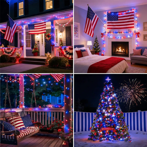 Patriotic 100 LED Red White Blue String Lights For 4th Of July Indoor Outdoor Decor displayed in various settings.