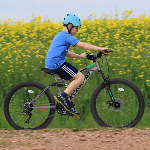 Child riding Beefed Up Dual Suspension 24 Inch Mountain Bike With 21 Speed Disc Brakes Front Fork And Rear Shock Absorber Carbon Steel Frame