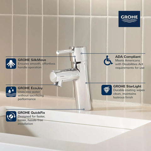 Concetto Single-Hole One-Handle Bathroom Faucet Chrome Finish S-Size 1.2 GPM Drip-Free Ceramic Disc Valve Brass Body Angled Spout