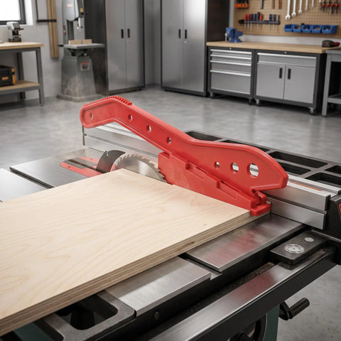 Heckuva Woodworking Push Stick With Safety Block For Table Saw Router Or Band Saw Shop Gear Featuring Sweet Abs Polymer Design guiding plywood on table saw.