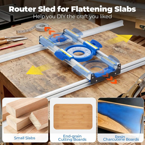 Router Sled For Flattening Slabs And Live Edge Boards Adjustable Aluminum Slab Flattening Jig 50 Inches on workshop table.