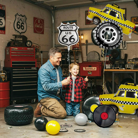Man and child with Route 66 Retro Party Balloons Kit With Vintage Car Tire Decor And Vinyl Record Foil Balloons Shield Sign Old School Road Trip Vibes
