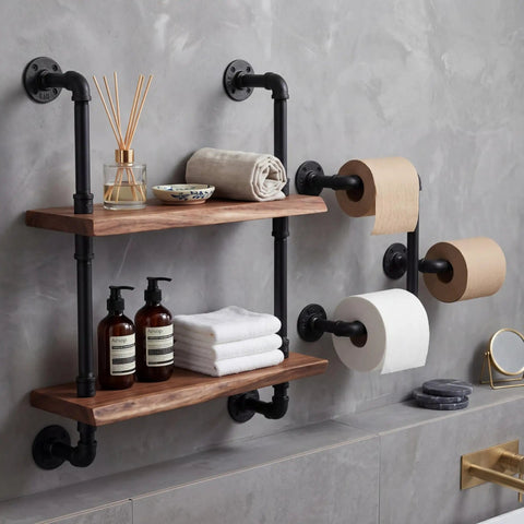 Industrial shelving with 148 Piece Black Iron Pipe Fitting Set With Long And Short Pipes Tees Elbows Floor Flanges for bathroom use