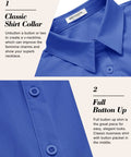Womens Stretch Button Up Shirt With Three Quarter Sleeves In Classic Blue Solid close-up of collar and buttons for office or casual outfits.