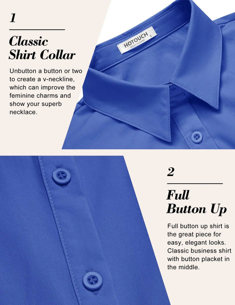 Womens Stretch Button Up Shirt With Three Quarter Sleeves In Classic Blue Solid close-up of collar and buttons for office or casual outfits.