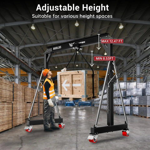 Worker using Workhorse 3 Ton Gantry Crane With Upgraded Trolley Adjustable Height 8.53 To 12.47 Feet And 9.06 Feet Width Steel I Beam