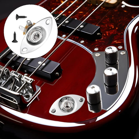 Killer Electric Guitar Output Jack Plate With Quarter Inch Connector and Two Mounting Screws on polished guitar body.