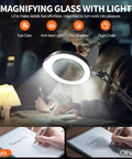 Person using 10X Magnifying Lamp With Light And Stand For Crafts, Reading And Close Work, Dimmable LED Desk Magnifier With Swing Arm.