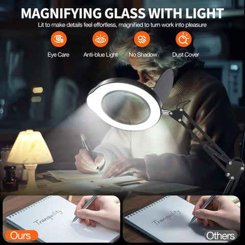 Person using 10X Magnifying Lamp With Light And Stand For Crafts, Reading And Close Work, Dimmable LED Desk Magnifier With Swing Arm.