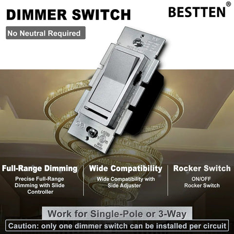 Matte Silver Dimmer Switch Kit, 10 Pack, Single Pole Or 3 Way, Dimmable LED CFL Incandescent And Halogen Ready