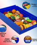 Blue plastic storage bin with colorful items, waterproof, easy to clean, hopper front for access, divider slots, durable. 