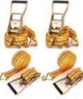 Heavy Duty Four Pack 2 Inch Ratchet Straps With Reinforced Barrels And Double J Hooks For Bulletproof Cargo Tie Downs.