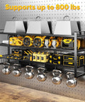 Front view of 49.5 Inch Wide Power Tool Organizer Wall Mount With Built In Charging Station And Four Tier Heavy Duty Drill And Tool Holder For Garage Pro Grade Supports Up To 800 LB Load Battery Storage Rack And Built In Eight Outlet Power Strip.