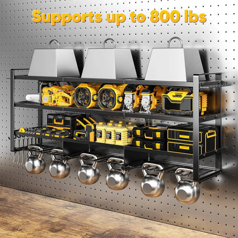 Front view of 49.5 Inch Wide Power Tool Organizer Wall Mount With Built In Charging Station And Four Tier Heavy Duty Drill And Tool Holder For Garage Pro Grade Supports Up To 800 LB Load Battery Storage Rack And Built In Eight Outlet Power Strip.