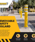 Real Deal Removable Safety Bollard 34.5 Inch Reflective Yellow Traffic Post on sidewalk marking pedestrian zones.