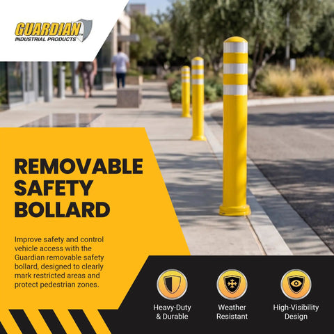 Real Deal Removable Safety Bollard 34.5 Inch Reflective Yellow Traffic Post on sidewalk marking pedestrian zones.