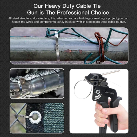 Heavy Duty Stainless Steel Cable Tie Gun Kit With 100 11.8 Inch Zip Ties securing pipes and fences