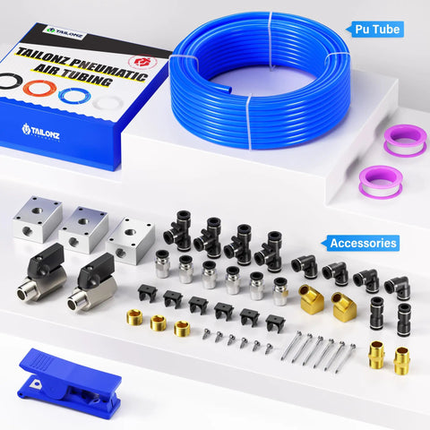 Blue Three Eighth Inch Outer Diameter PU Air Tubing Kit 100 Ft 32 Meter For Pneumatic Systems And Fluid Transfer with accessories