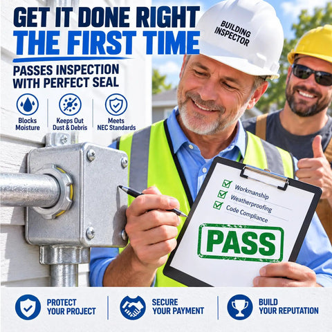 Building inspector verifying installation with pass checklist near Fifty Count Galvanized Steel Sealing Conduit Locknuts With Molded PVC Gasket.