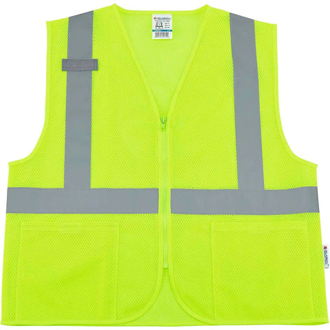 Heavy Duty Hi Vis Class Two Safety Vest With Zip Front Closure Breathable Mesh Backing Two Roomy Pockets And Handy Mic Tab For Radios In Vivid Lime, Extra Large size, showing front view.